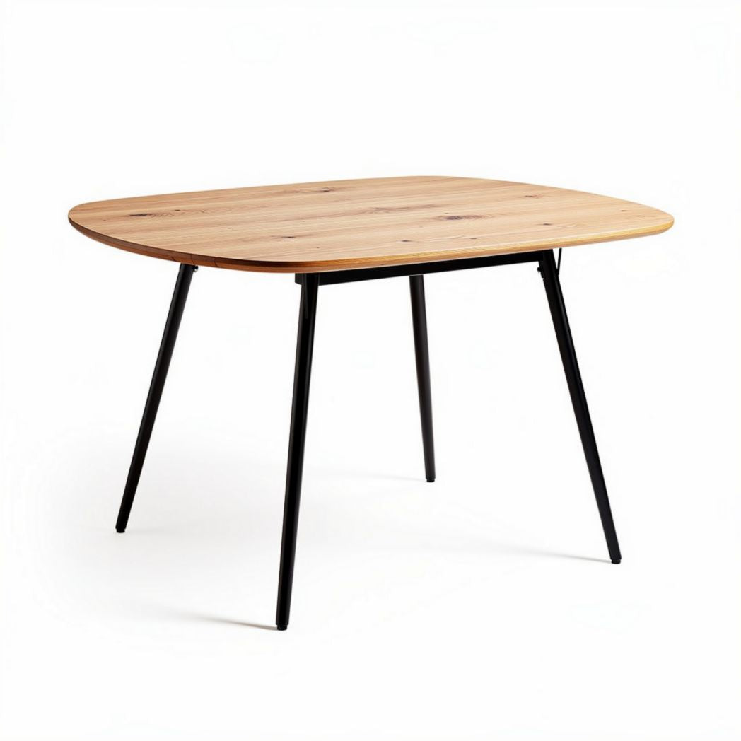 Houten tafel met een ovale bovenkant van natuurlijk hout en zwart metalen poten 120 x 80 x 75cm
