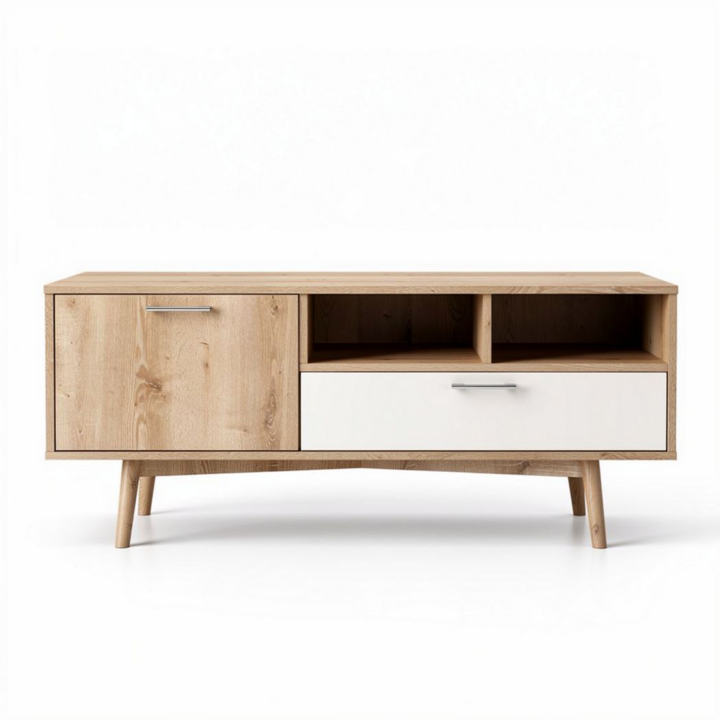 Lage mediakast van hout met twee open vakken en één lade wit 120 x 40 x 50cm