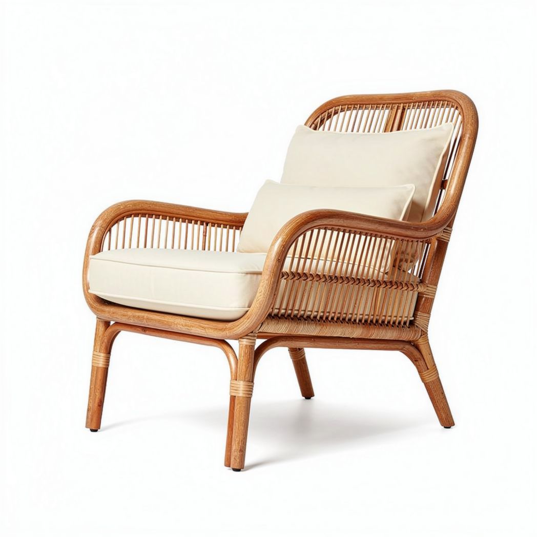 Rieten fauteuil met kussen van katoen 70 x 80 x 85cm naturel kleur