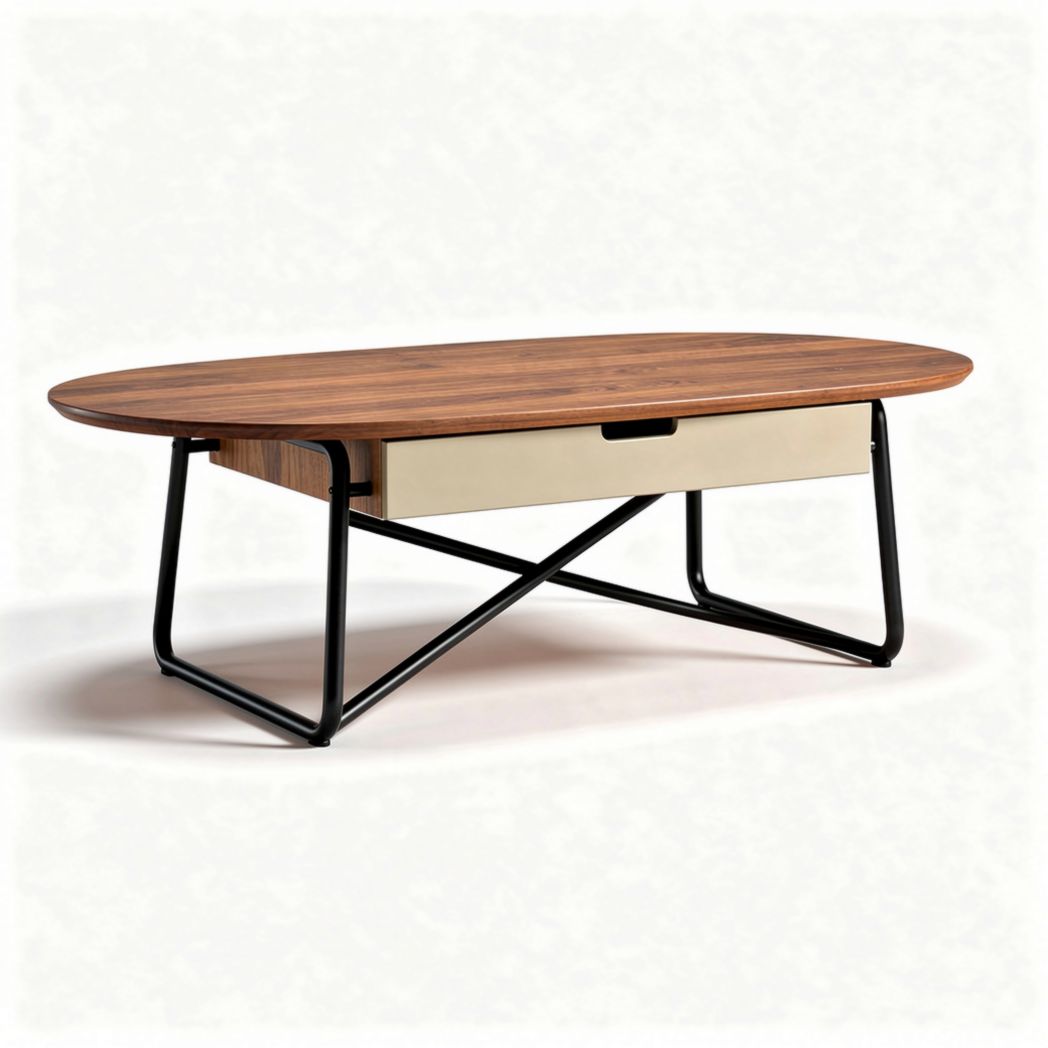 Lage ronde salontafel met houten blad en metalen onderstel 120 x 60 x 45cm