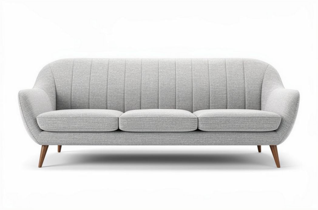 Grijze stoffen bank voor drie personen met houten poten 200 x 80 x 85cm